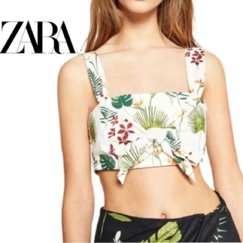 Zara Womens White Green Tropical Crop Tank Top Medium